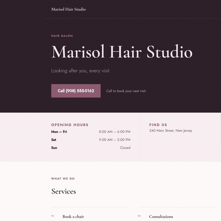 A concept homepage for a hair salon: the business name, a book-now
                phone number, opening hours and a Google rating, all visible without
                scrolling